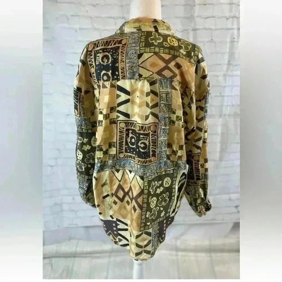 Details Express Womens Vintage 90s Silk Oversize Shirt Size L Brown Gold Funky - Picture 3 of 16